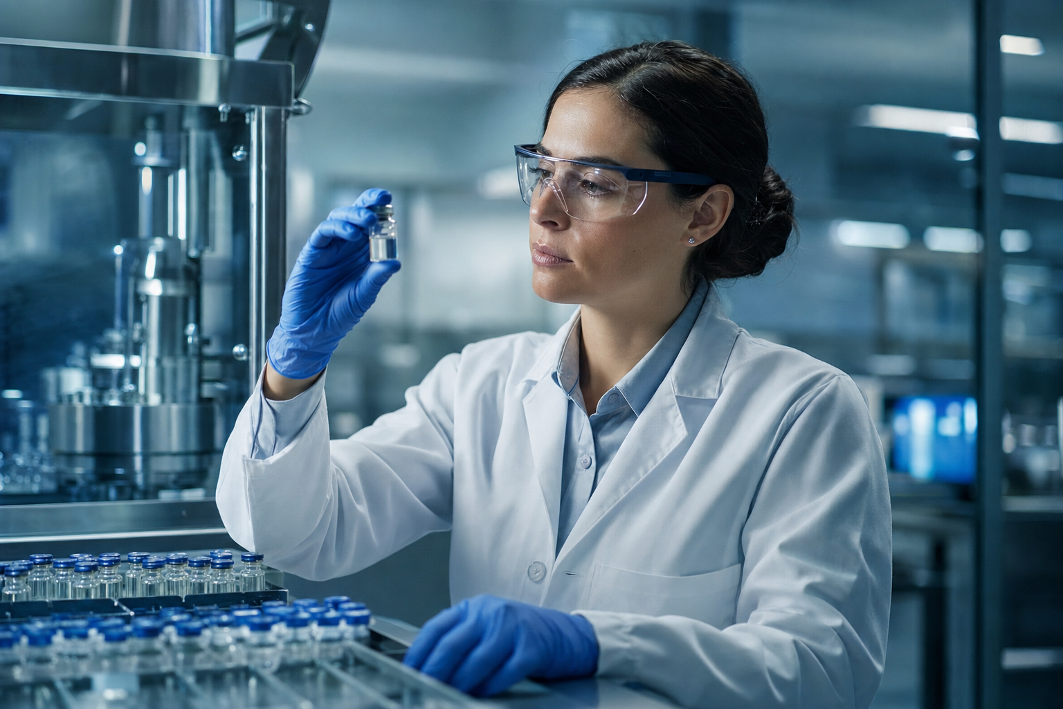 Scientist inspecting a vial during quality control in a pharmaceutical clean room