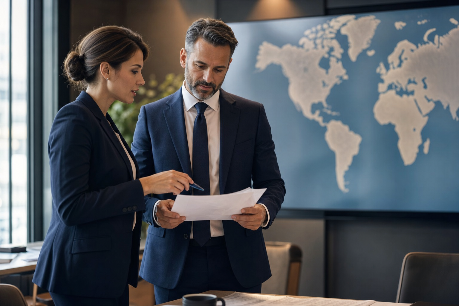 Two professionals reviewing a global partnership agreement in a modern office